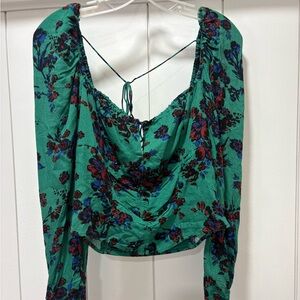 Free People FP Hillary Printed Top Keyhole Cropped Smocked Green Size Medium NWT